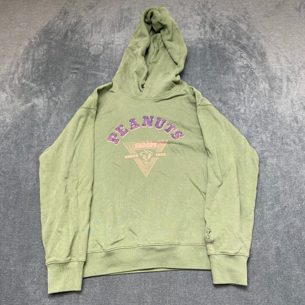 Uniqlo Peanuts Snoopy Hoodie Womens 13 Olive Green Ribbed Hem Sleeves Graphic